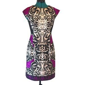 Donna Morgan Cap Sleeve Sheath Dress Black Cream Purple Scroll Print Size 4